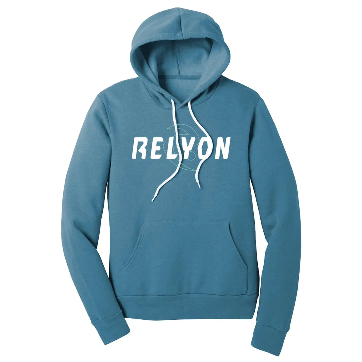 Teal-colored hooded sweatshirt with the brand name "Relyon" printed in white across the front center