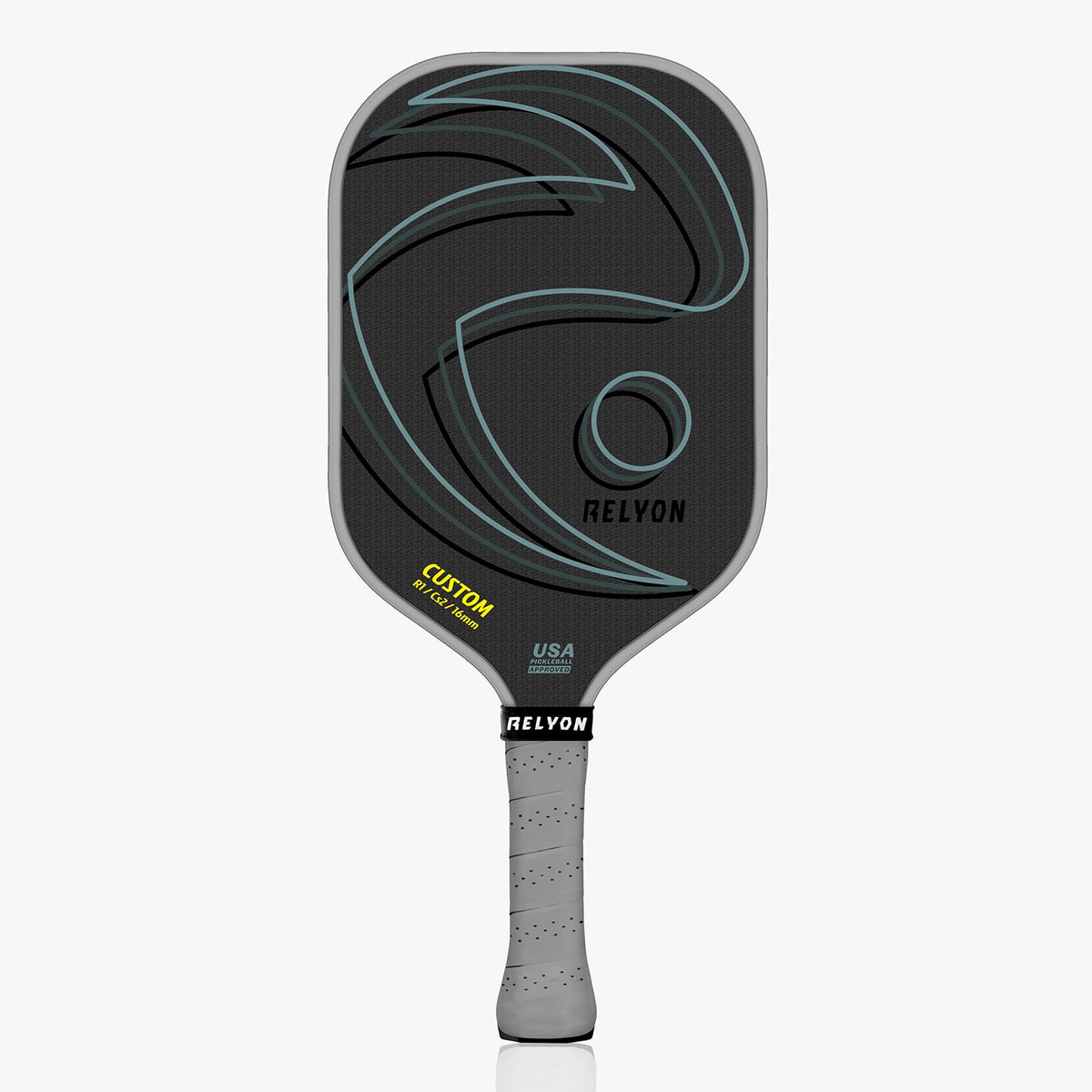 Pickleball paddle with gray and black design on a white background